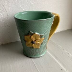 Pottery Mug Artisan Hand Made Flower Decorated- Signed Mandy Baker Clay